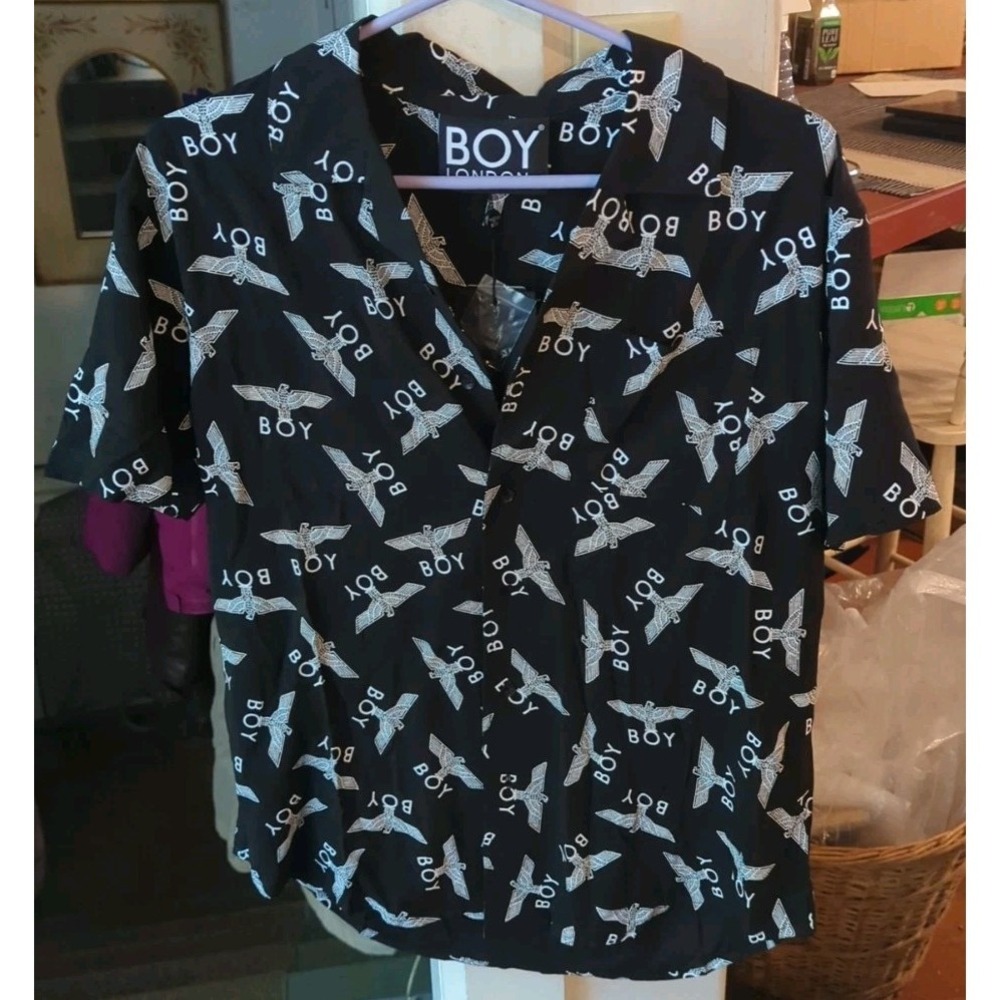 New NWT Short Sleeve BOY LONDON LOGO ALL OVER PRINT BLACK‎ Casual Dress SHIRT M